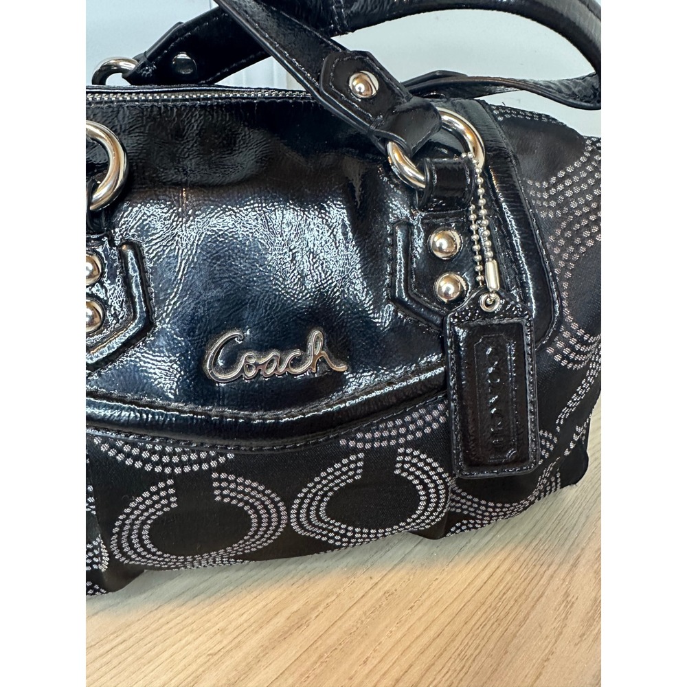 Coach Black Op Art Dotted C Jacquard Patent Leather Satchel Handbag - Picture 3 of 10